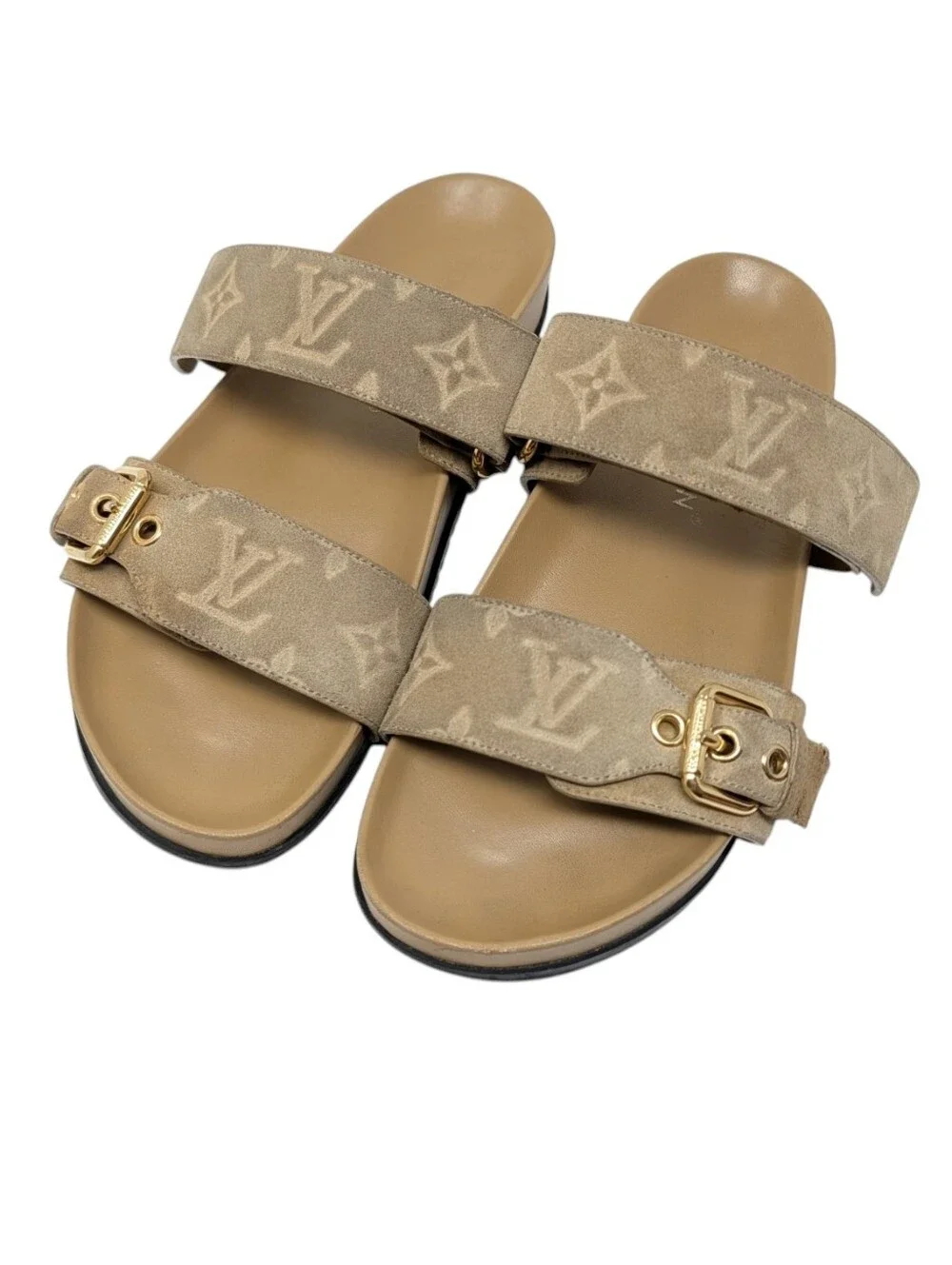 Louis Vuitton Distressed Beige Bom Dia Suede Monogram Sandals Size EU 37.5
